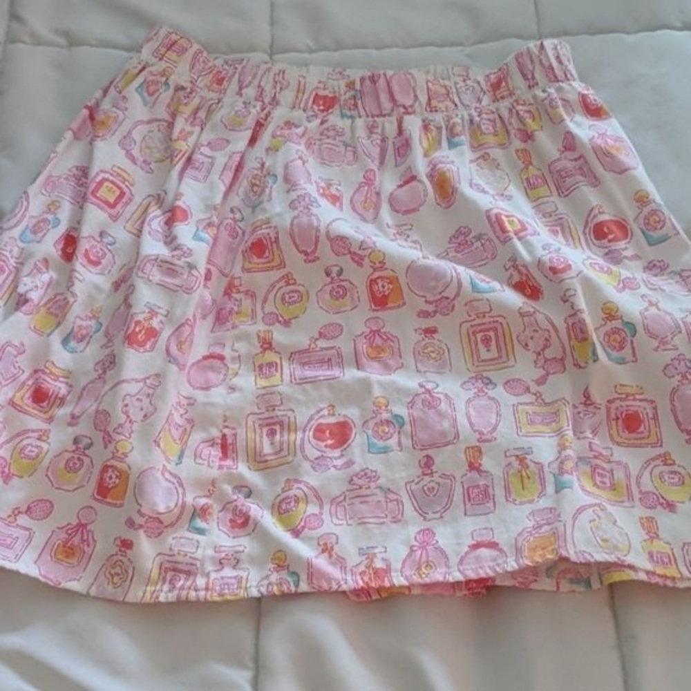 Lilly Pulitzer printed skirt! pink and white perfume bottles!